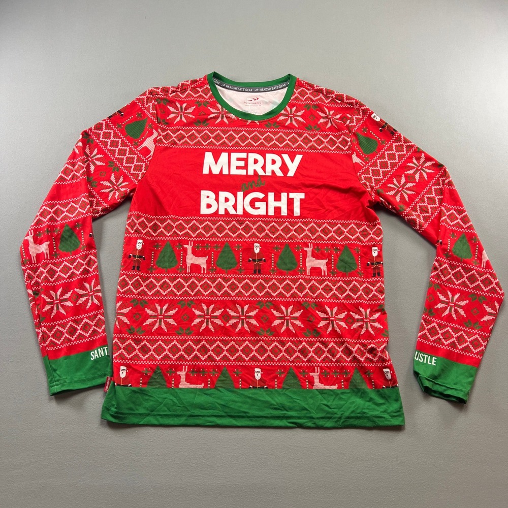 Headsweats Performance T Shirt Mens M Red Fair Isle Merry And Bright Crew Neck